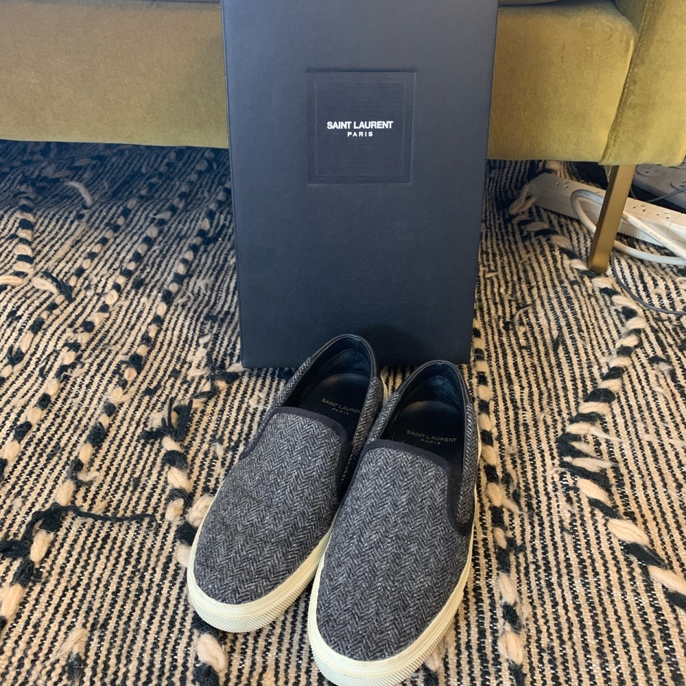 Saint Laurent Wool Herringbone Slip-on Sneakers - Picture 2 of 6
